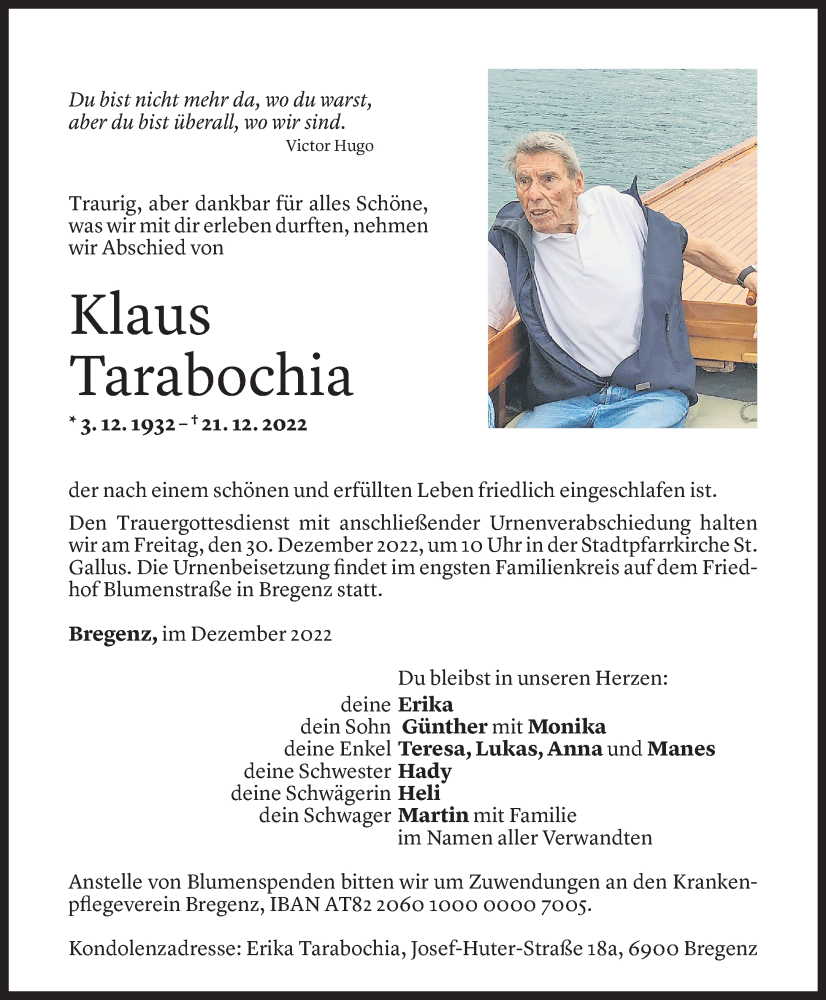 Todesanzeige Klaus Tarabochia